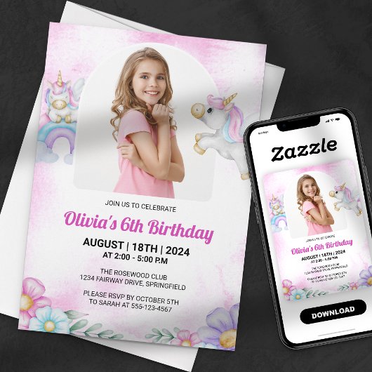 水彩ユニコーンレインボーガールフォト誕生日 招待状