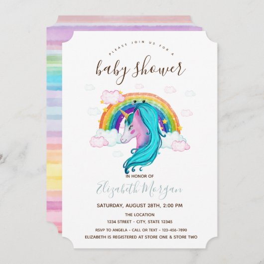 水彩ユニコーンレインボーストライプズ赤ちゃんシャワー 招待状 (正面/裏面)