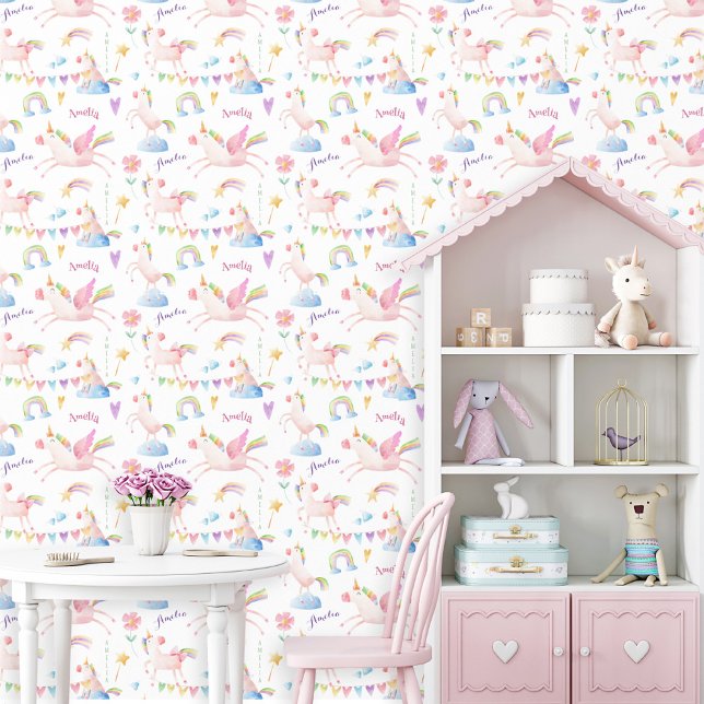 水彩ユニコーンレインボーパーソナライズされたガールネーム 壁紙 (Cute watercolor rainbow unicorn Pegasus pastel heart flower fantasy girl custom name wallpaper  )