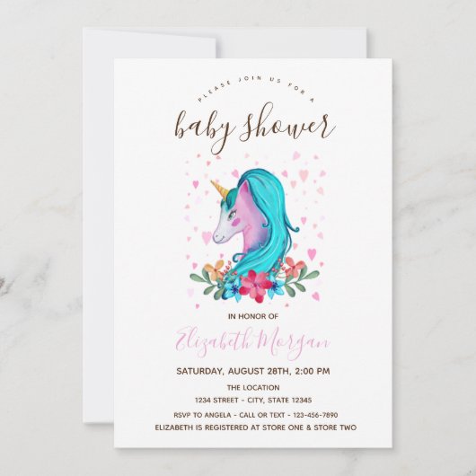 水彩ユニコーン花ストライプの赤ちゃんシャワー 招待状 (正面)