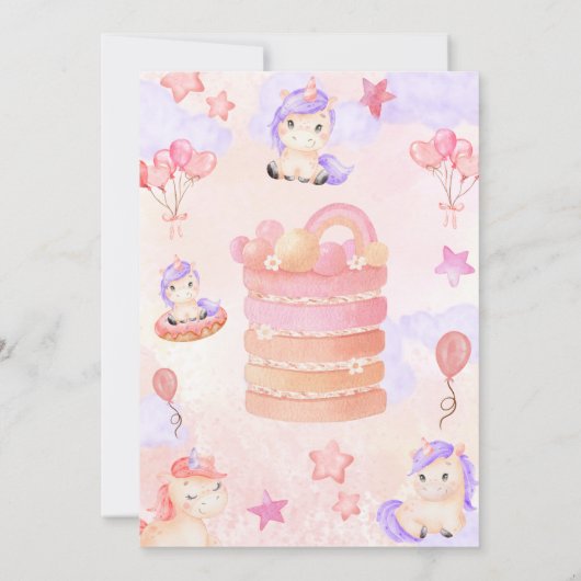 水彩ユニコーン虹の風船ピンク誕生日 招待状 (裏面)