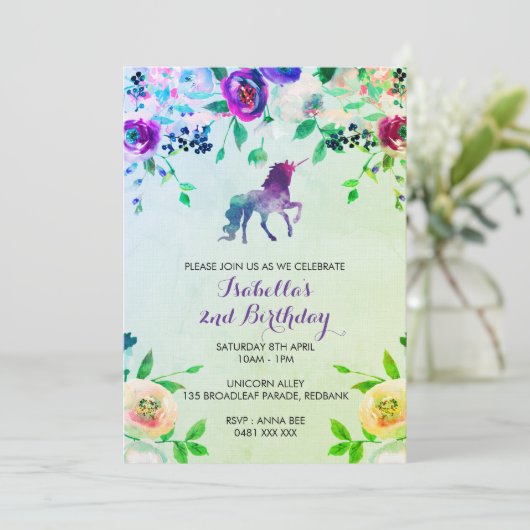 水彩ユニコーン誕生日の女の子の招待 招待状 (スタンド正面)