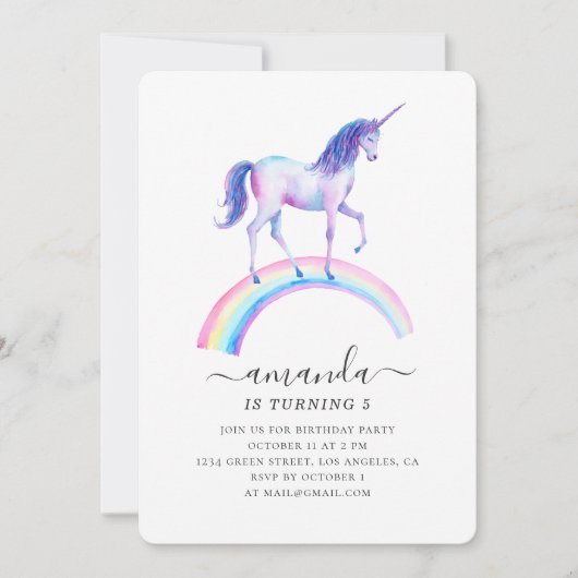 水彩ユニコーン誕生日パーティー。ベビーガール 招待状 (正面)