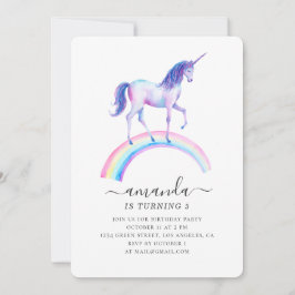 水彩ユニコーン誕生日パーティー。ベビーガール 招待状