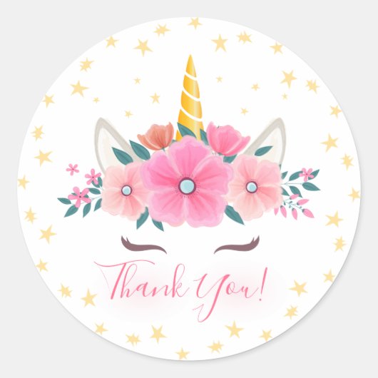水彩ユニコーン顔フローラスターズありがとう ラウンドシール (正面)