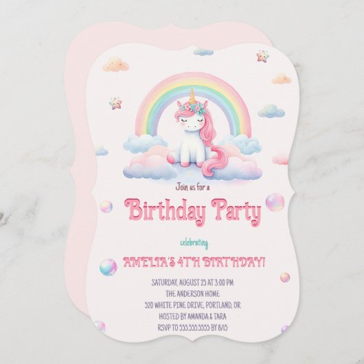 水彩ユニコーン魔法の虹の誕生日パーティー 招待状 (正面/裏面)