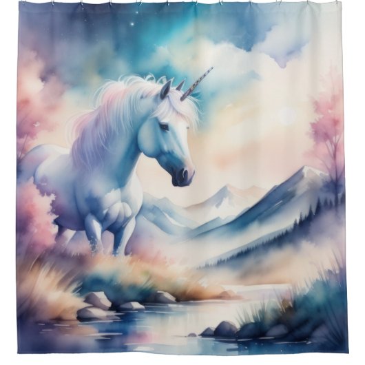 水彩ユニコーン シャワーカーテン (正面)