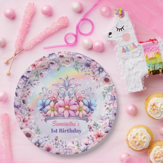 水彩ユニコーン&フェアヤテールプリンセスティアラ ペーパープレート (パーティー)