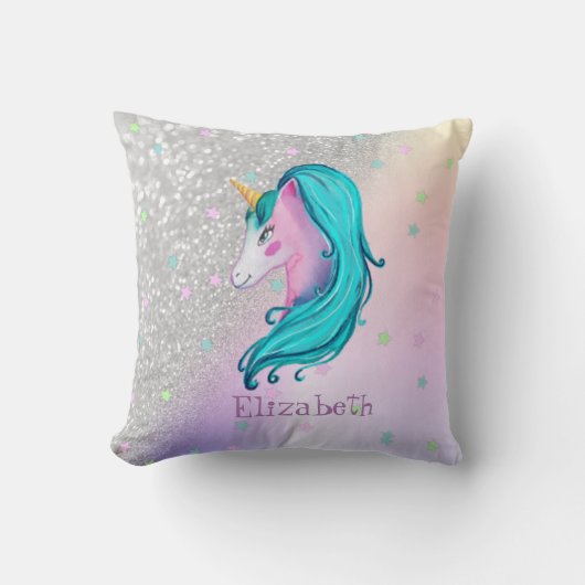 水彩ユニコーン，星，シルバーグリッター《写真》ぼけ味 クッション (正面)