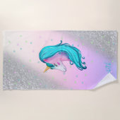 水彩ユニコーン，星，シルバーグリッター《写真》ぼけ味 ビーチタオル (正面)
