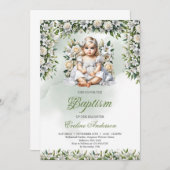 水彩ユリとバラガールバプテスマ 招待状 (正面/裏面)