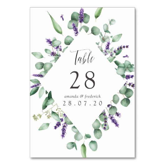 水彩ユーカリとラベンダーグリーンウェディング テーブルナンバー (正面)
