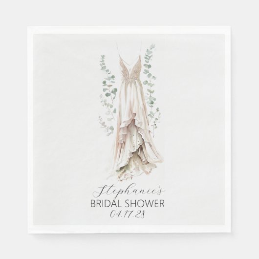 水彩ユーカリと白いドレスのブライダルシャワー スタンダードランチョンナプキン (正面)