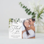 水彩ユーカリの結婚写真ありがとう ポストカード (スタンド正面)