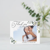 水彩ユーカリの結婚写真ありがとう ポストカード (スタンド正面)