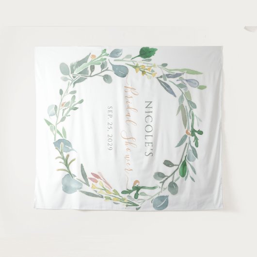 水彩ユーカリの花輪 ブライダルシャワー タペストリー (正面(横))