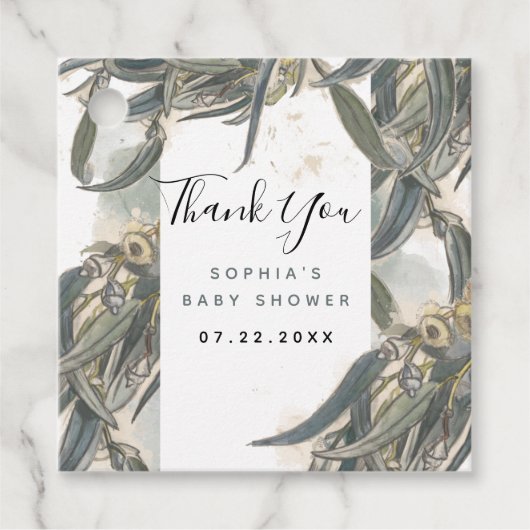 水彩ユーカリの葉のグリーンウェディングベイビーシャワー フェイバータグ (正面)