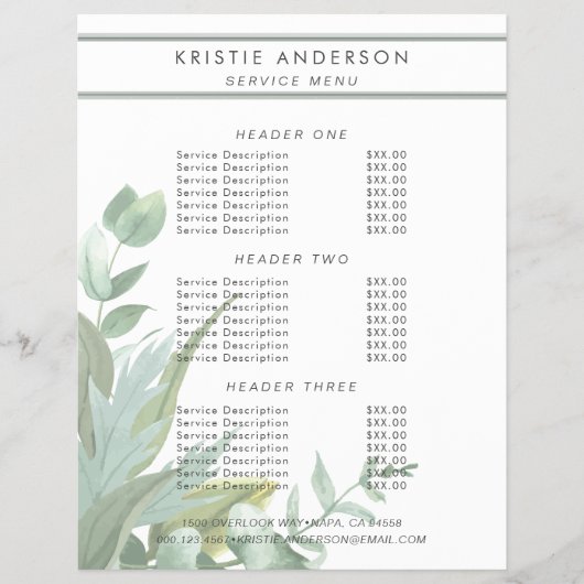 水彩ユーカリの葉の価格とサービス チラシ (正面)