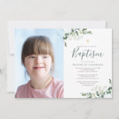 水彩ユーカリクロス写真洗礼 招待状 (正面)