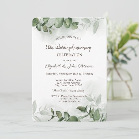 水彩ユーカリグリーンウェディング記念日 招待状 (スタンド正面)