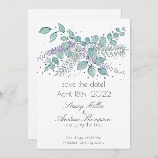 水彩ユーカリグリーンウェディング セーブザデート (正面/裏面)