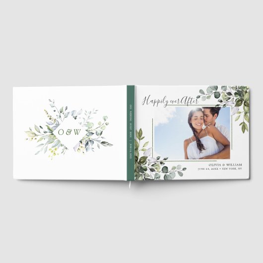 水彩ユーカリグリーン写真ウェディング ゲストブック (全面)