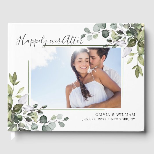 水彩ユーカリグリーン写真ウェディング ゲストブック (正面)