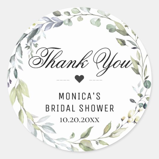 水彩ユーカリグリーン ウェディングシャワー ラウンドシール (正面)