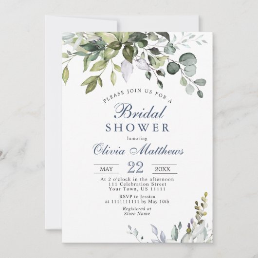 水彩ユーカリグリーン ブライダルシャワー 招待状 (正面)