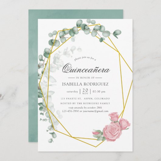 水彩ユーカリバラ幾何学クインセアニラ 招待状 (正面/裏面)