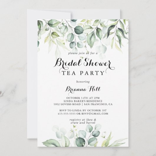 水彩ユーカリブライダルシャワー茶パーティー 招待状 (正面)