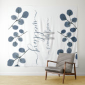 水彩ユーカリブルーボタニカルウェディングデー タペストリー (インサイチュ(横))