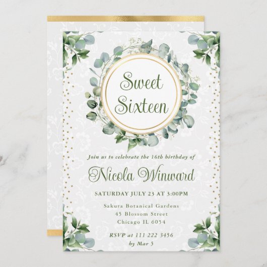 水彩ユーカリプスグリーンSweet sixteen 招待状 (正面/裏面)