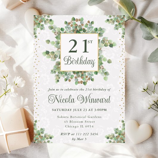 水彩ユーカリプトゥスグリーンリース誕生日 招待状