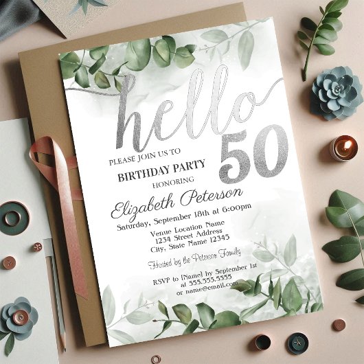 水彩ユーカリプトゥスグリーン50th誕生日パーティー 招待状
