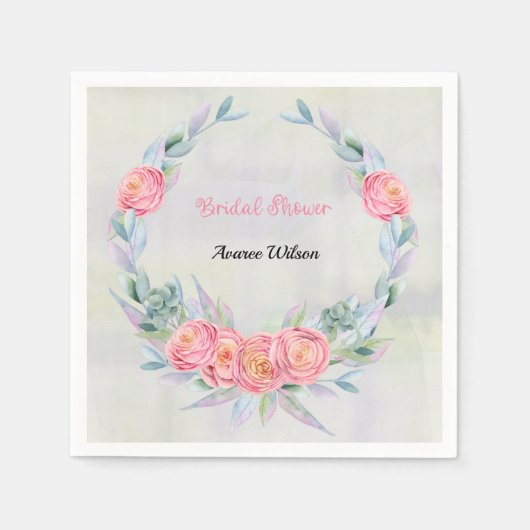 水彩ユーカリリースとピンクローズ スタンダードカクテルナプキン (正面)