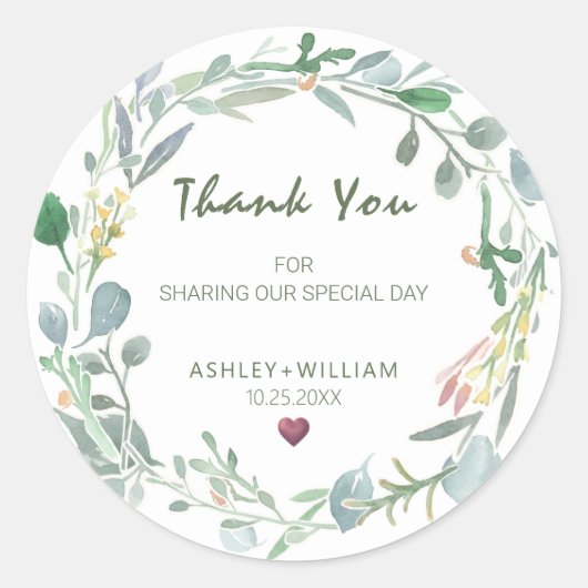 水彩ユーカリリース結婚ズサンキュー ラウンドシール (正面)