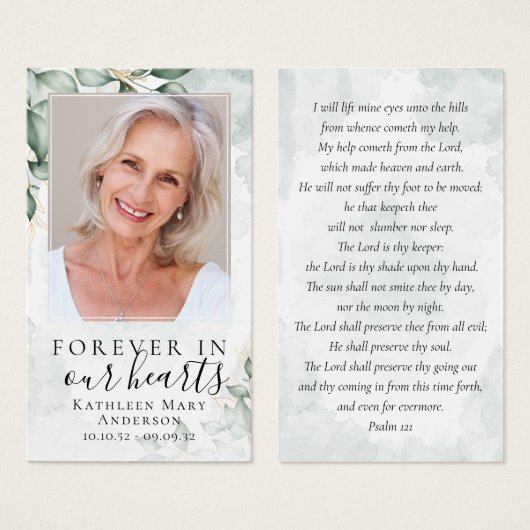 水彩ユーカリ写真記念祈りの言葉カード (正面&裏面)