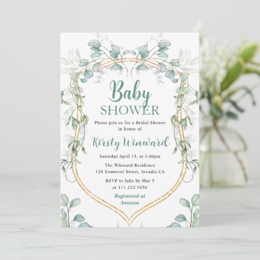 水彩ユーカリ及び金ゴールドフレーム赤ちゃんシャワー 招待状 (スタンド正面)