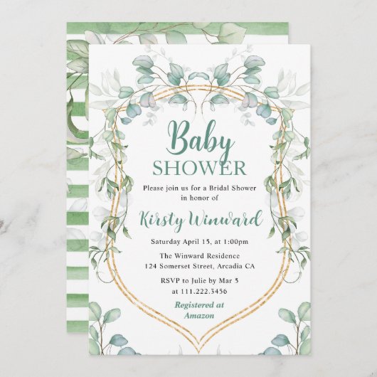 水彩ユーカリ及び金ゴールドフレーム赤ちゃんシャワー 招待状 (正面/裏面)