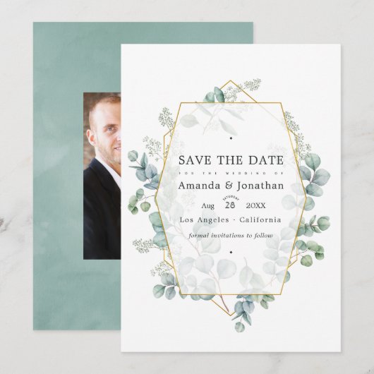 水彩ユーカリ幾何学的な結婚式のSave The D セーブザデート (正面/裏面)