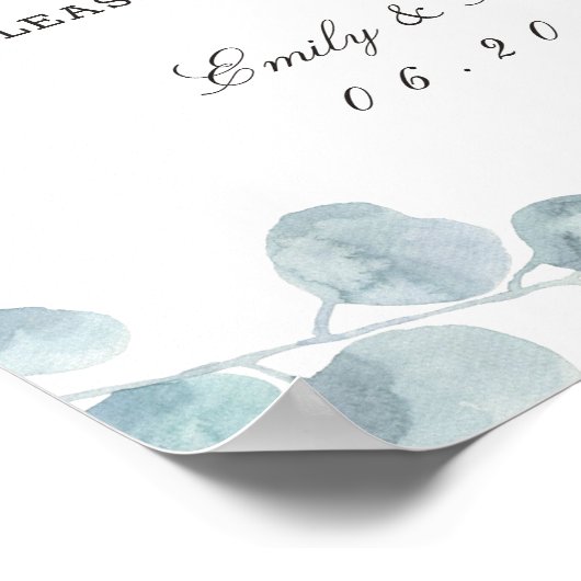 水彩ユーカリ庭園の結婚式デザートテーブル ポスター (角)