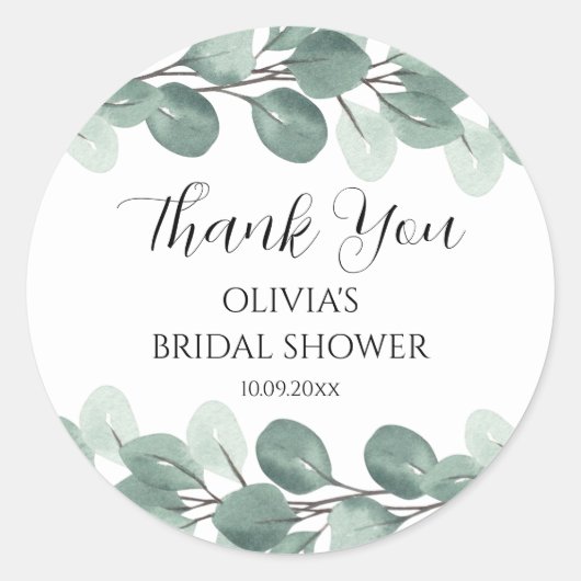 水彩ユーカリ枝エレガントありがとう ラウンドシール (正面)