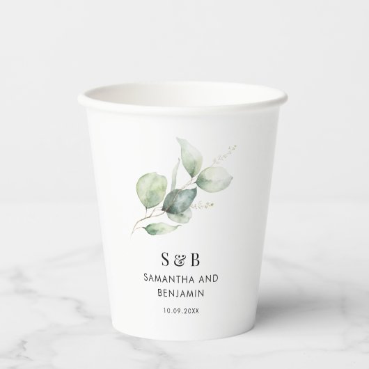 水彩ユーカリ植物のボタニカルウェディング 紙コップ (正面)