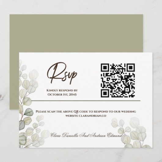 水彩ユーカリ結婚式出欠確認カード 招待状 (正面/裏面)