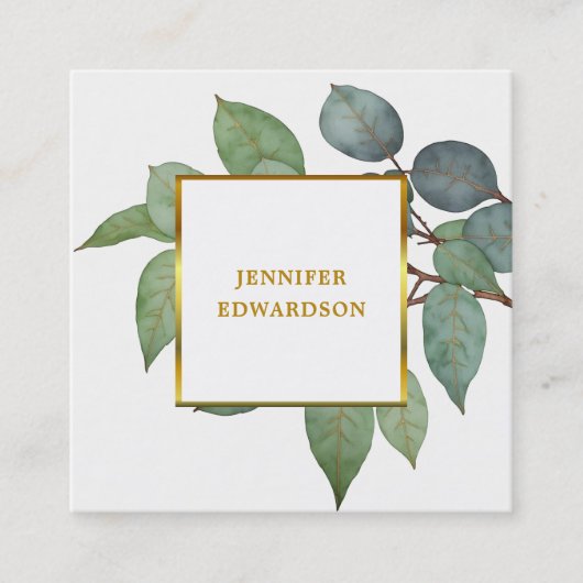 水彩ユーカリ緑プロフェッショナル スクエア名刺 (正面)