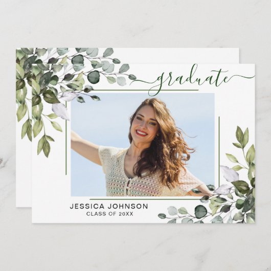 水彩ユーカリ緑化卒業パーティー 招待状 (正面/裏面)