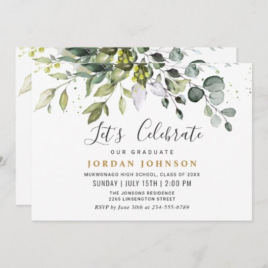 水彩ユーカリ緑化卒業パーティー 招待状 (正面/裏面)