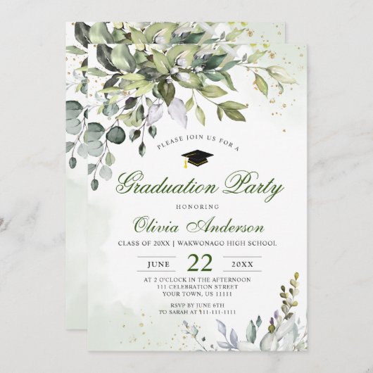 水彩ユーカリ緑化卒業パーティー 招待状 (正面/裏面)