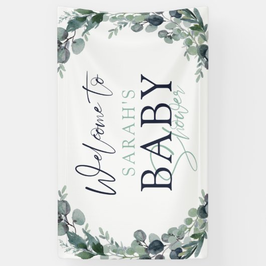 水彩ユーカリ葉ウェルカムベビーシャワー 横断幕 (縦)